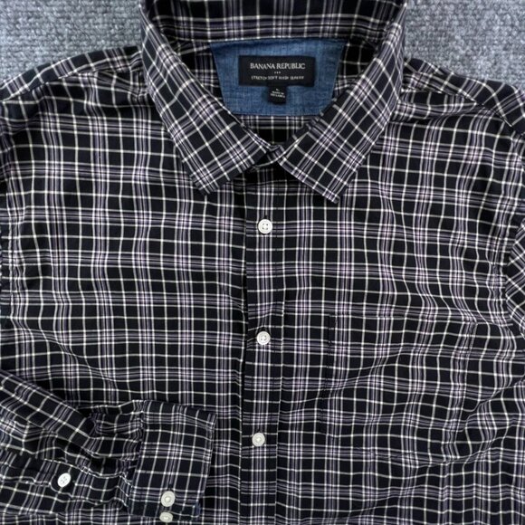 Banana Republic Other - Banana Republic Button Up Shirt Men Large Purple Black Check Stretch Slim